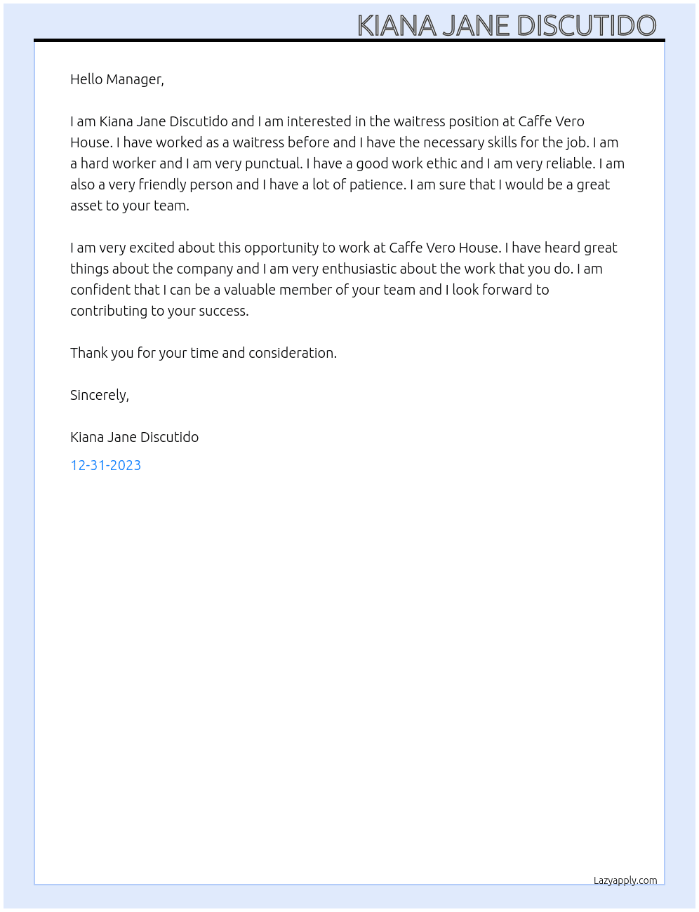 Waitress At Caffe Vero House Cover Letter