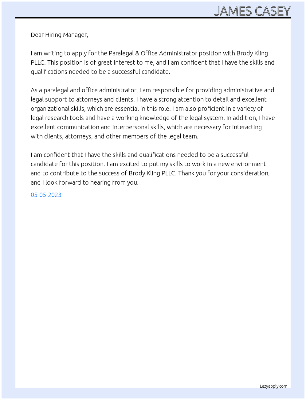 Paralegal & Office Administrator At Brody Kling PLLC Cover Letter