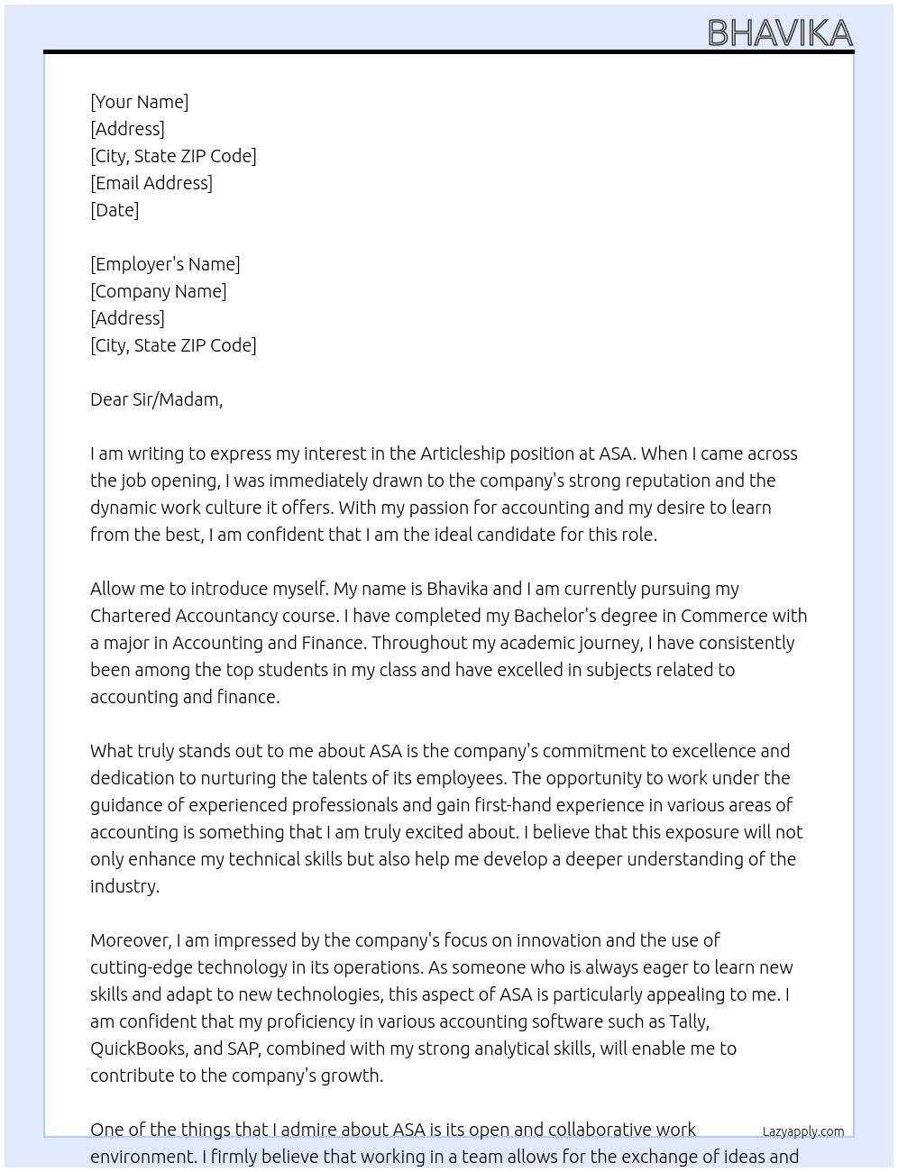 Articleship At ASA Cover Letter