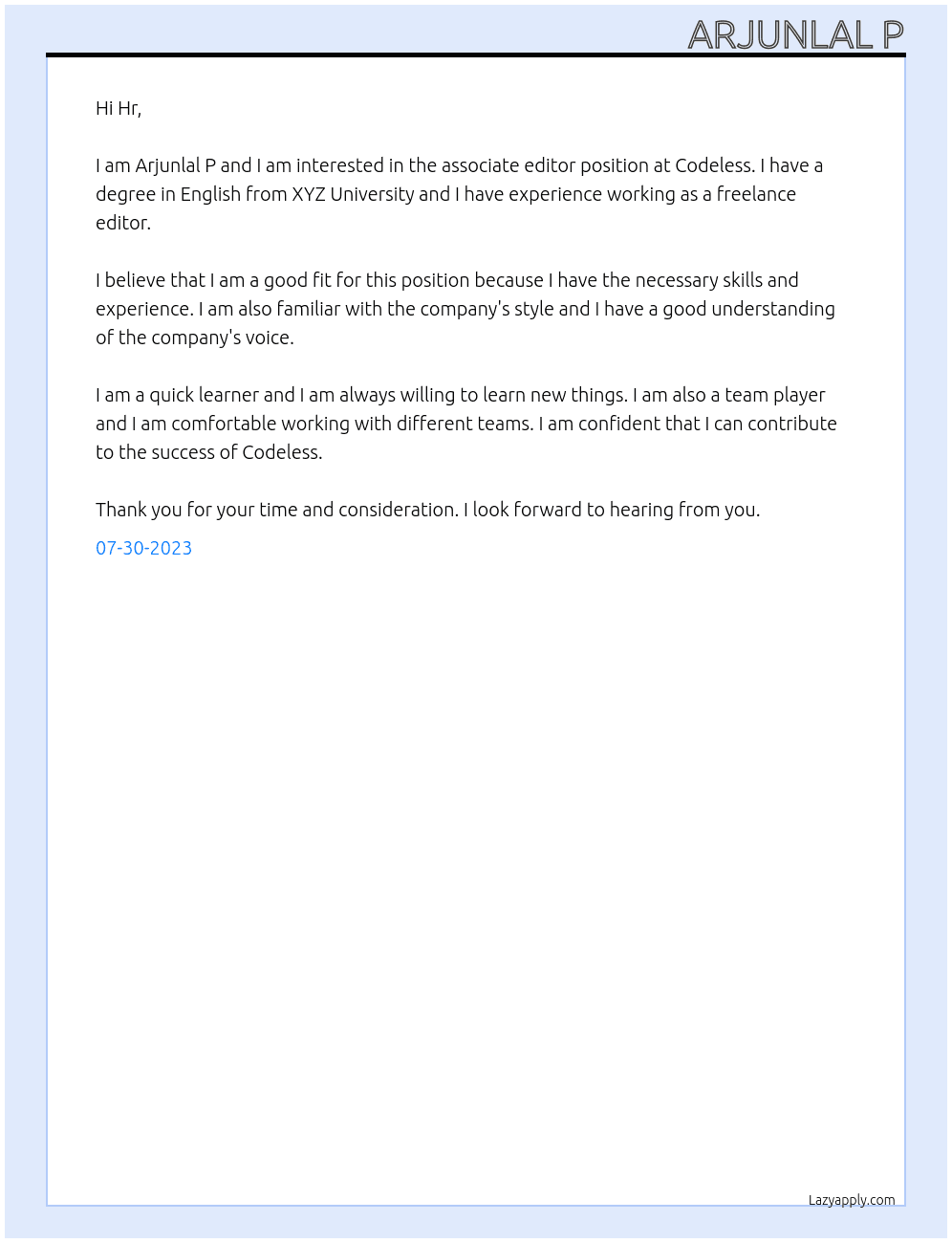 Associate editor  At Codeless  Cover Letter