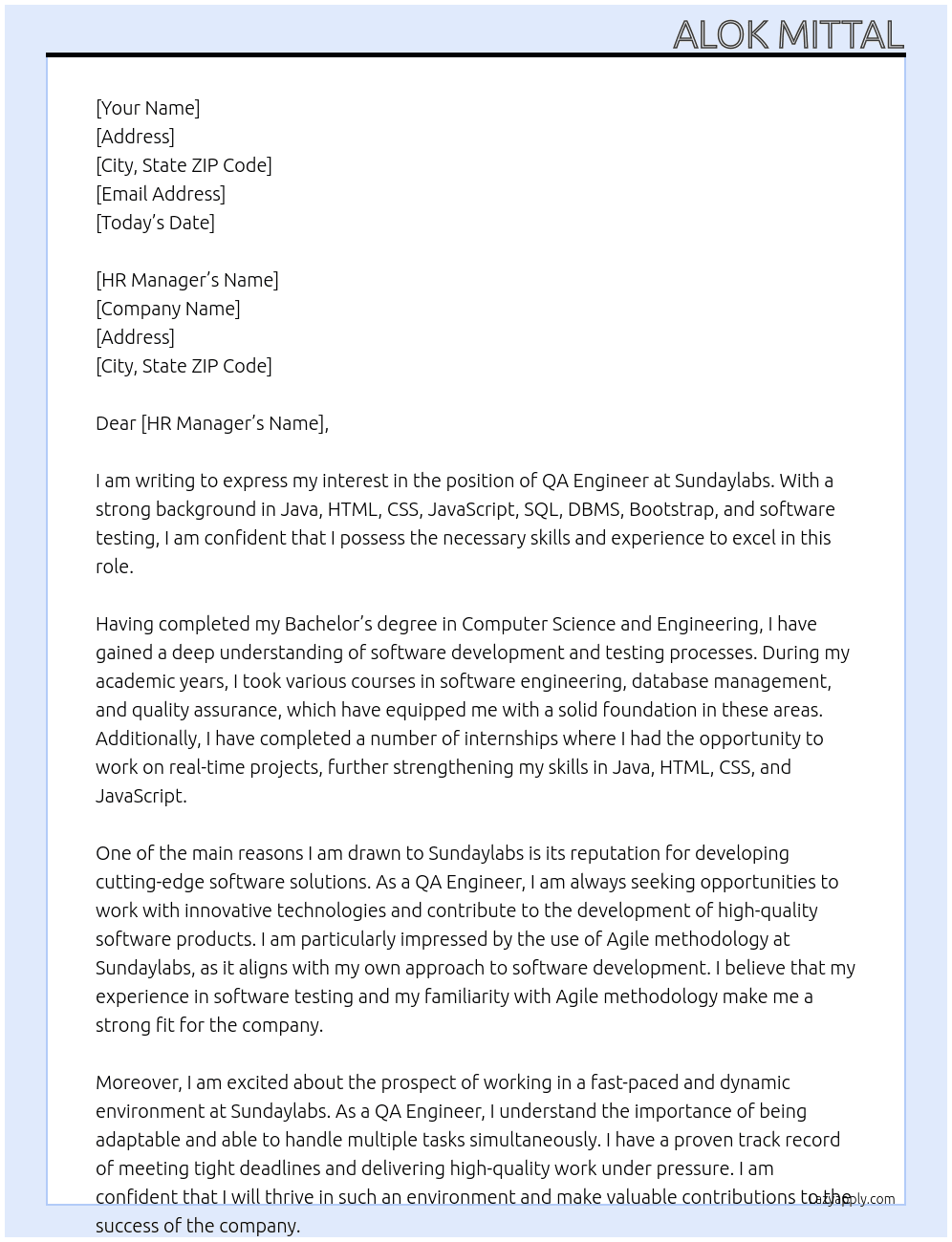 QA Engineer  At Sundaylabs Cover Letter