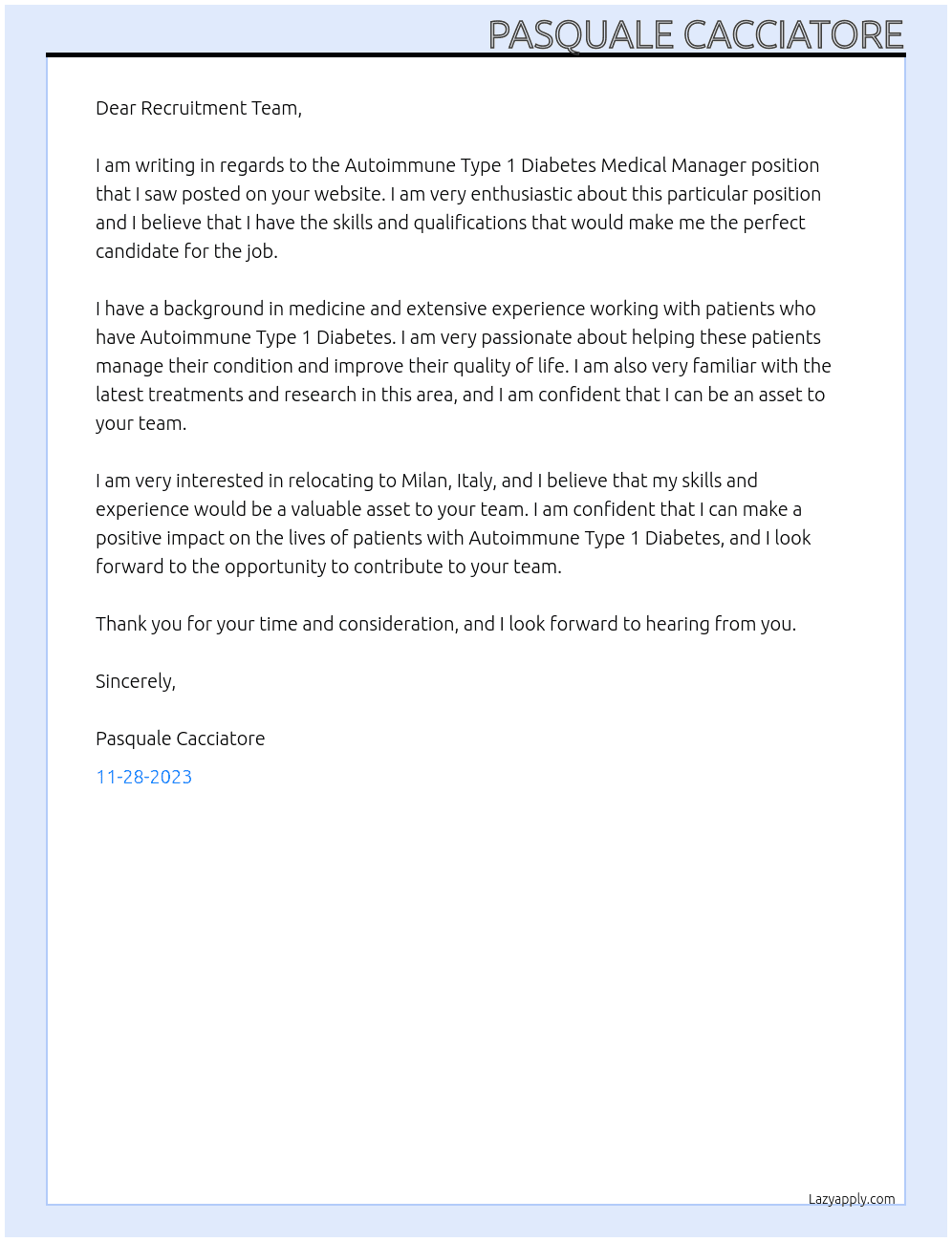 Autoimmune Type 1 Diabetes Medical Manager At Sanofi Cover Letter