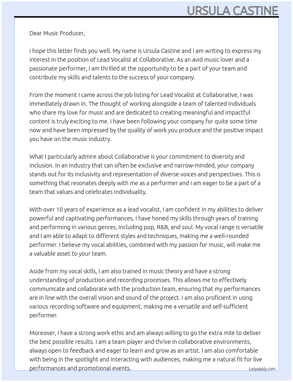 lead vocalist  At collaborative Cover Letter