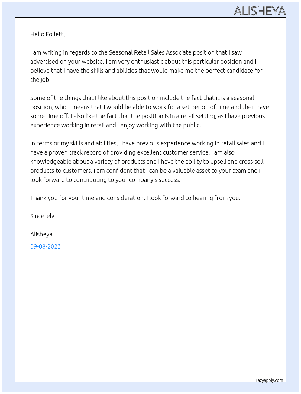 Seasonal Retail Sales Associate  At Follett Cover Letter