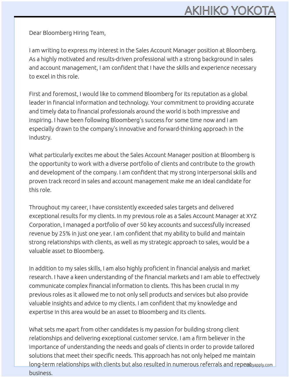 Sales Account Manager At Bloomberg Cover Letter