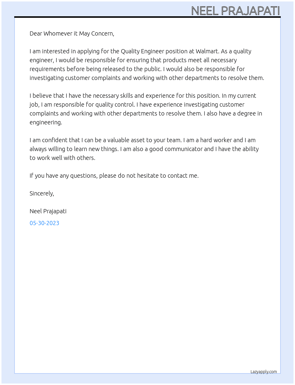 Quality Engineer At Walmart Cover Letter