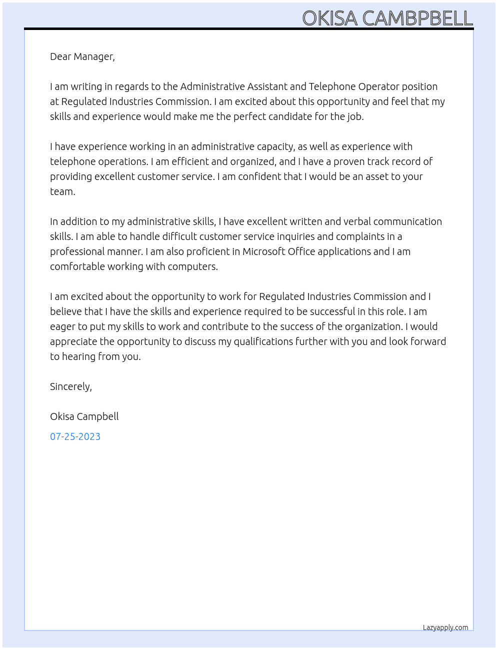 Administrative Assistant and Telephone Operator At Regulated Industries Commission Cover Letter
