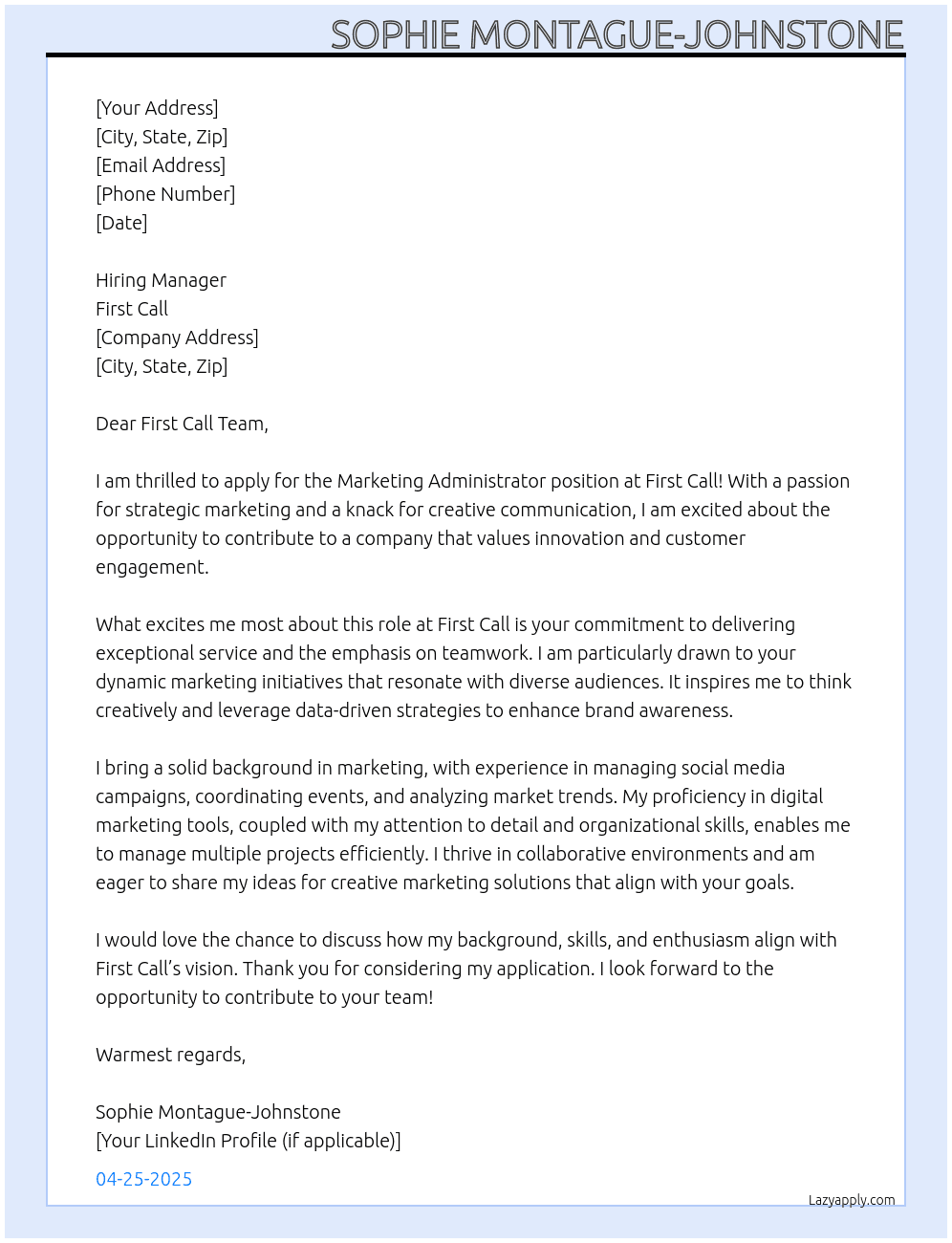 Marketing Administrator At First Call Cover Letter