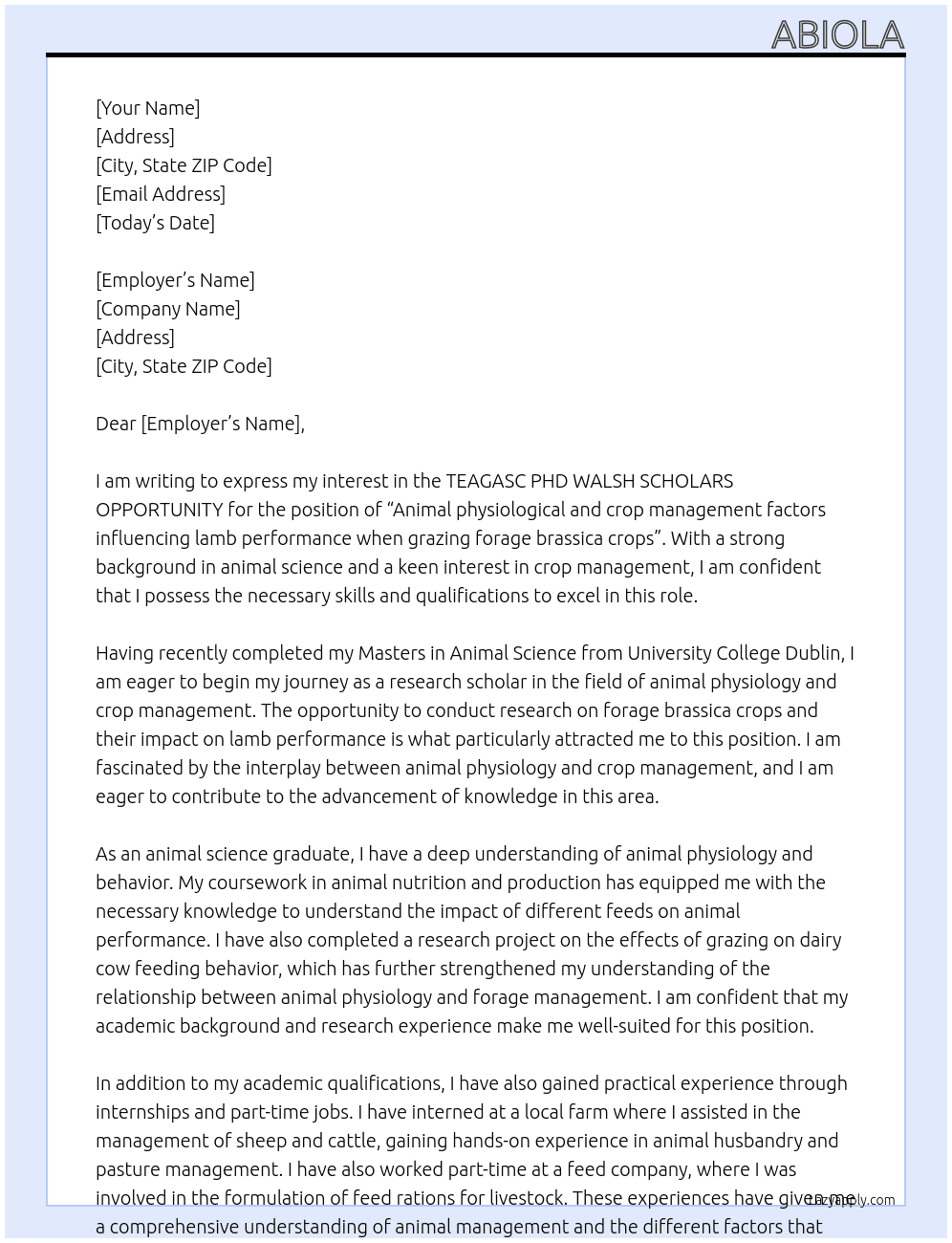 TEAGASC PHD WALSH SCHOLARS OPPORTUNITY “Animal physiological and crop management factors influencing lamb  performance when grazing forage brassica crops” Walsh Scholarship At University College Dublin Cover Letter