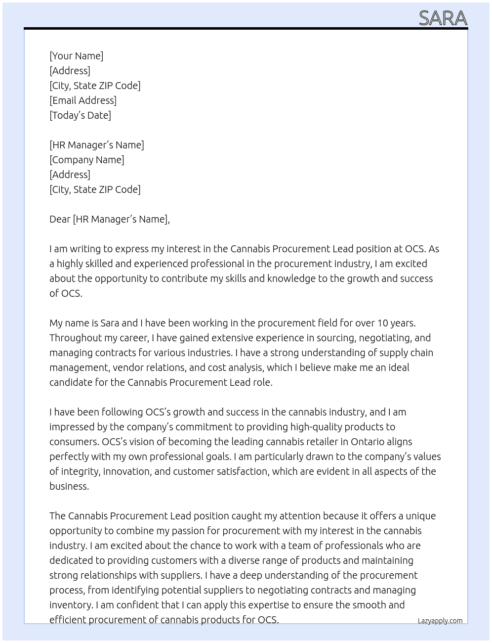 Cannabis procurement lead  At OCS Cover Letter