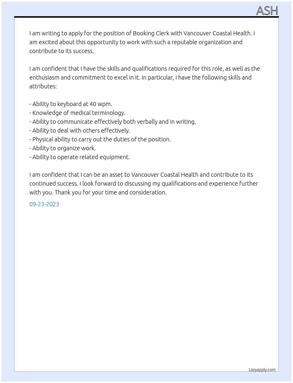 Booking Clerk At Vancouver Coastal Health Cover Letter