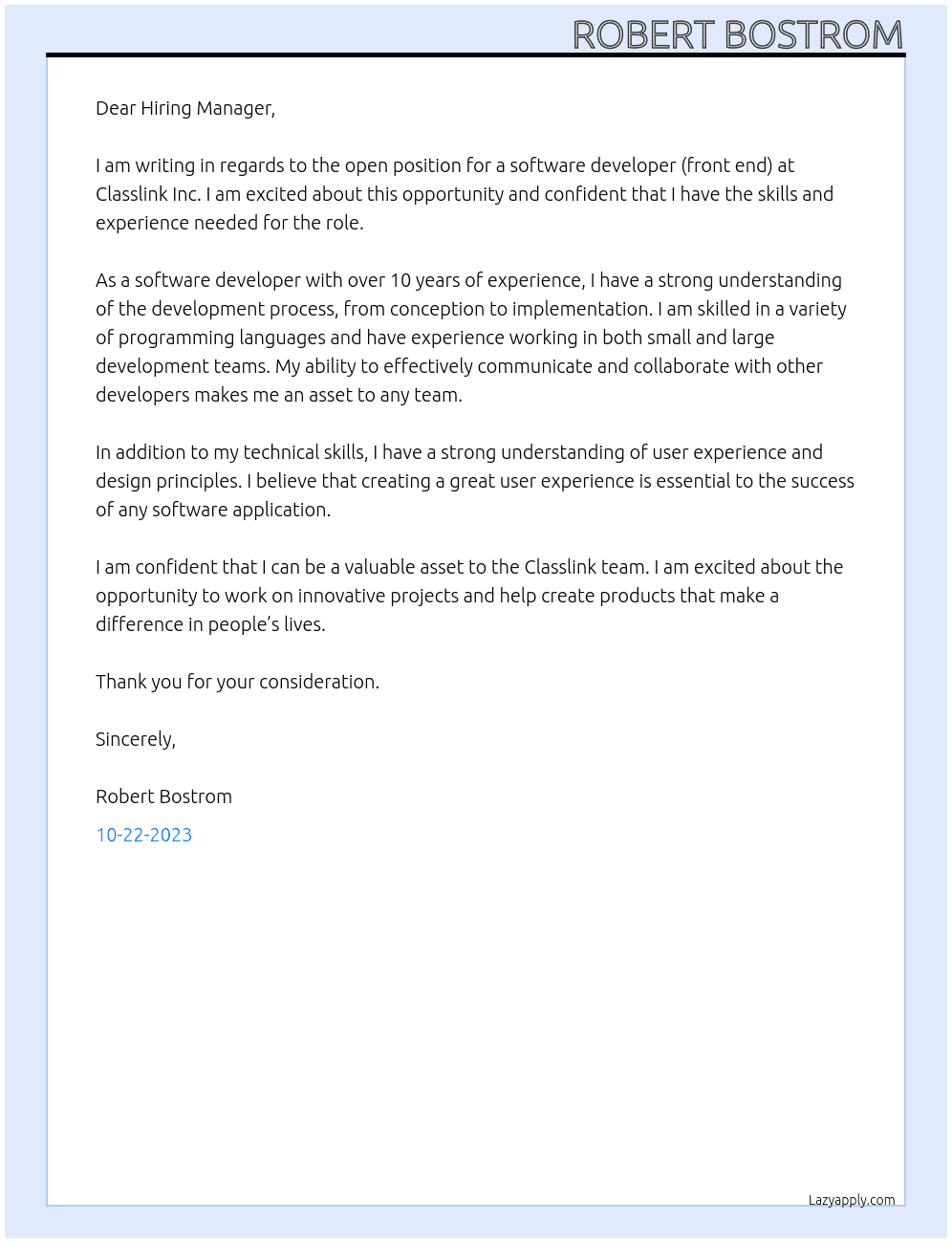 Software Developer (Front End) At Classlink Inc Cover Letter