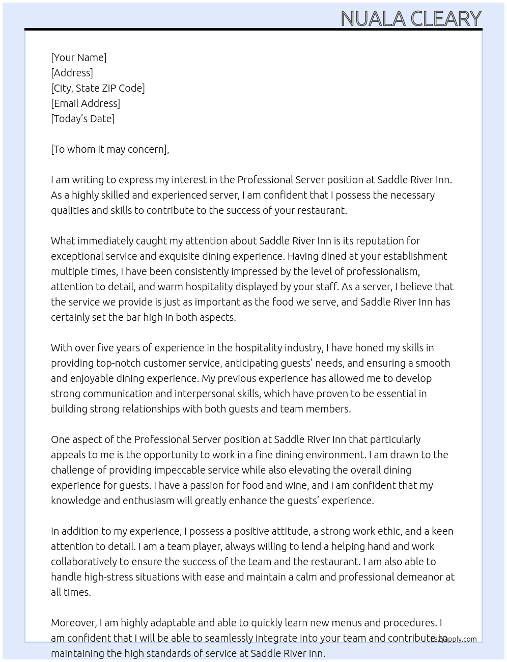 Professional Server At Saddle River Inn Cover Letter