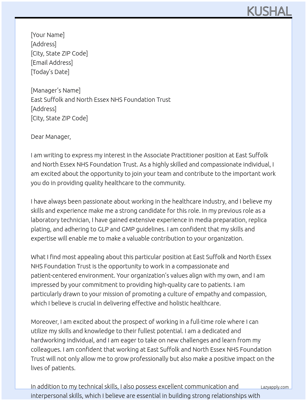 Associate Practitionar At East Suffolk and North Essex NHS Foundation Trust Cover Letter