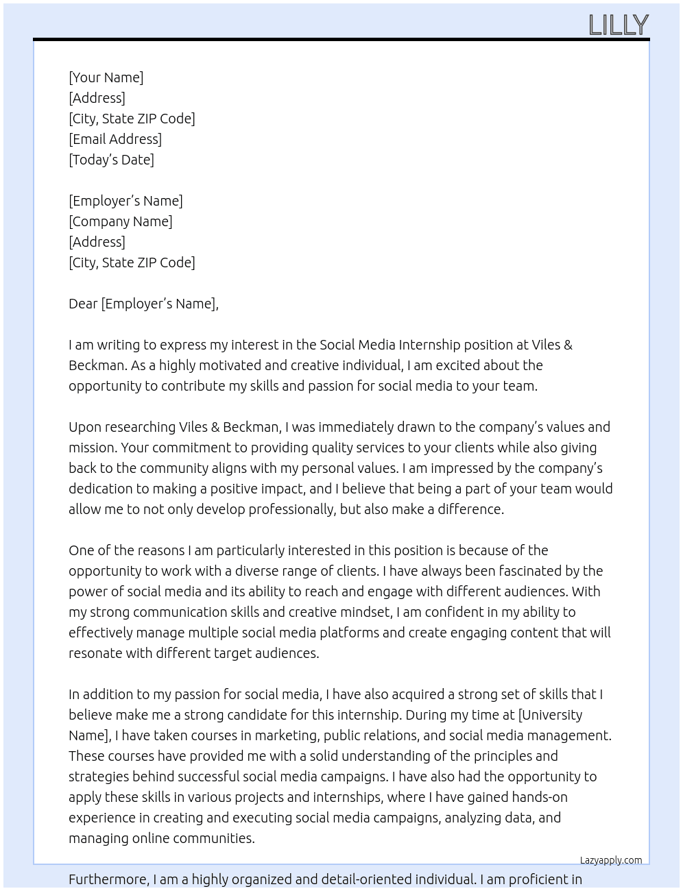 Social Media Internship  At Viles & Beckman Cover Letter