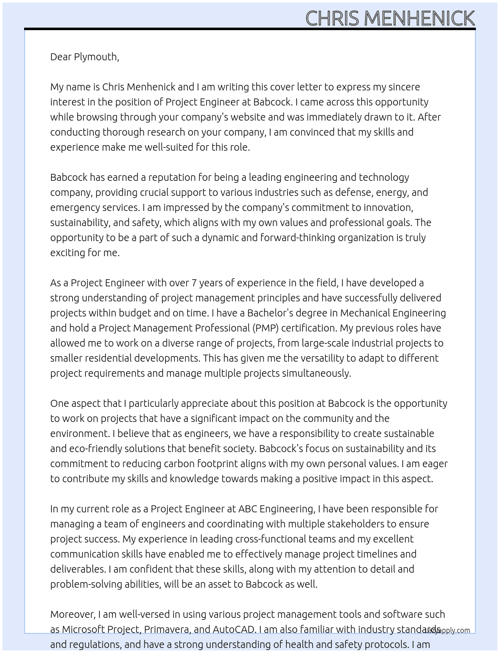 Project engineer  At Babcock Cover Letter