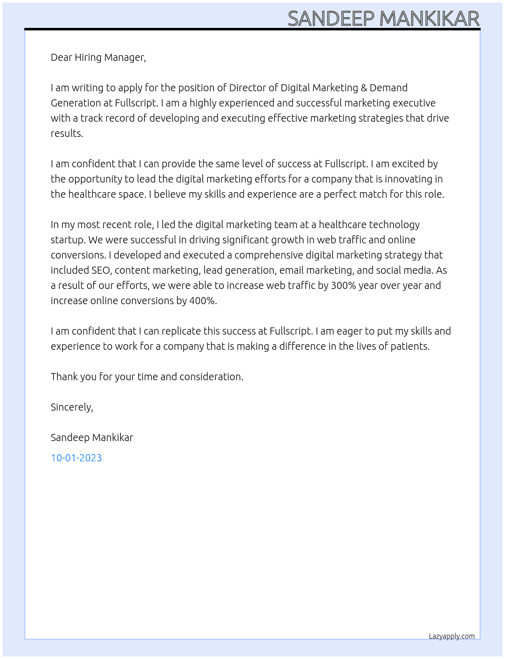 Director Digital Marketing & Demand Generation At Fullscript Cover Letter
