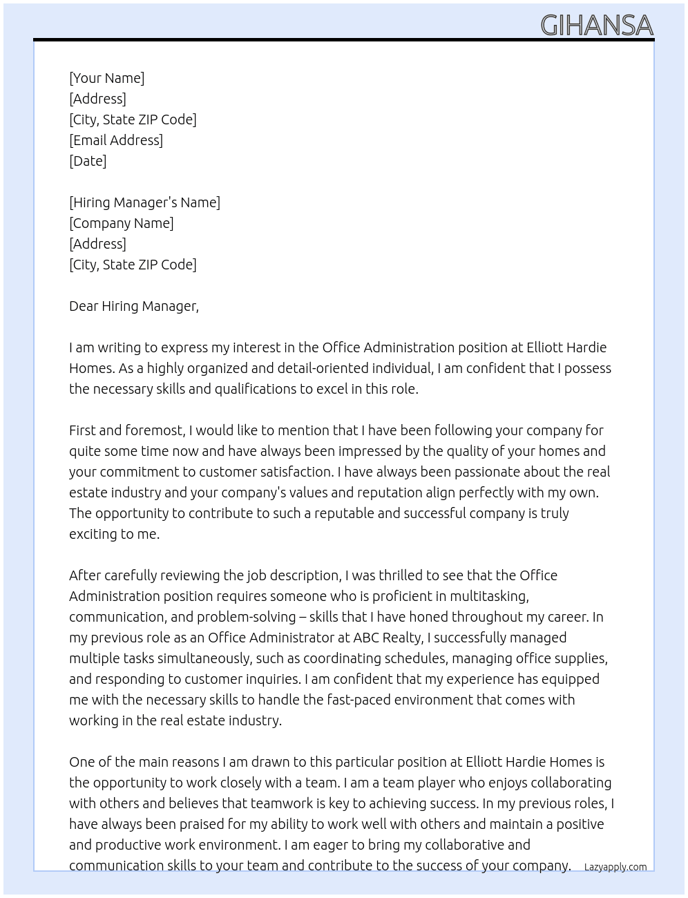 Office Administration At Elliott Hardie Homes Cover Letter
