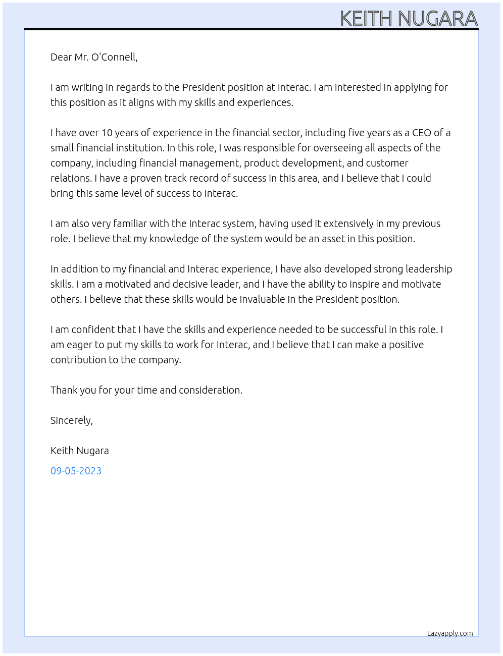 President At Interac Cover Letter