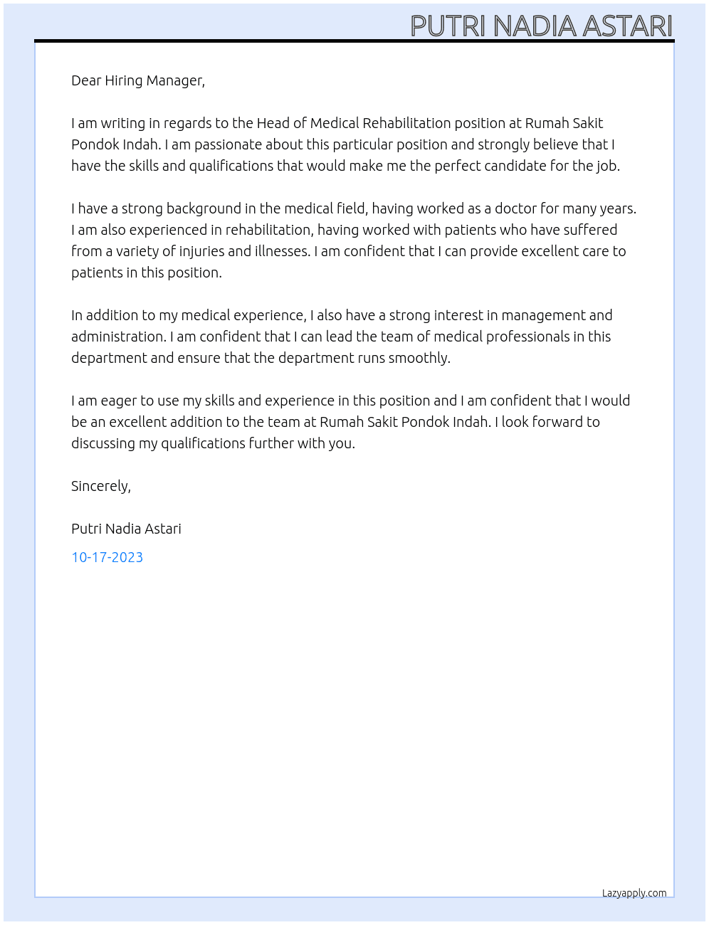Head of Medical Rehabilitation At Rumah Sakit Pondok Indah Cover Letter
