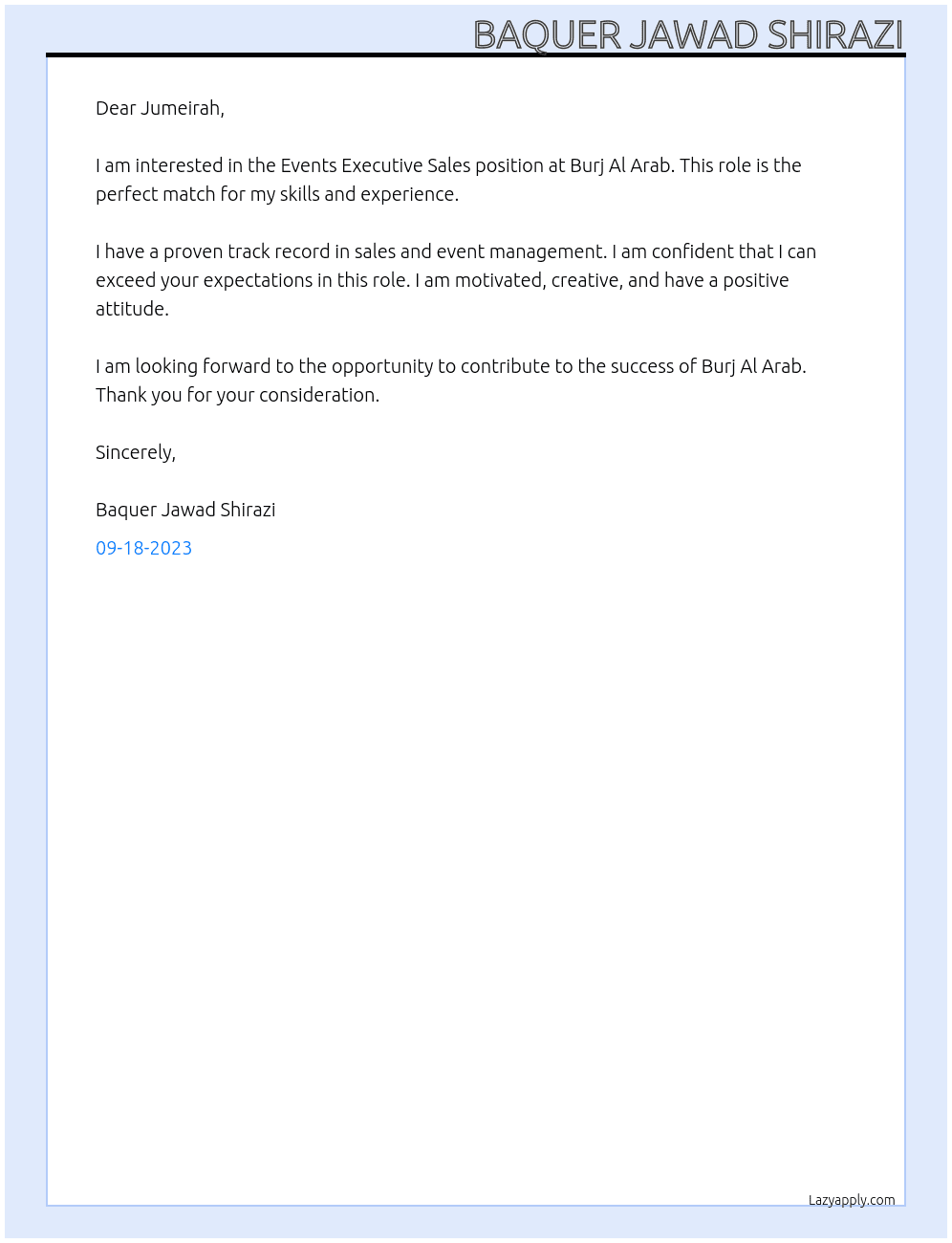Events Executive Sale At Burj Al Arab Cover Letter