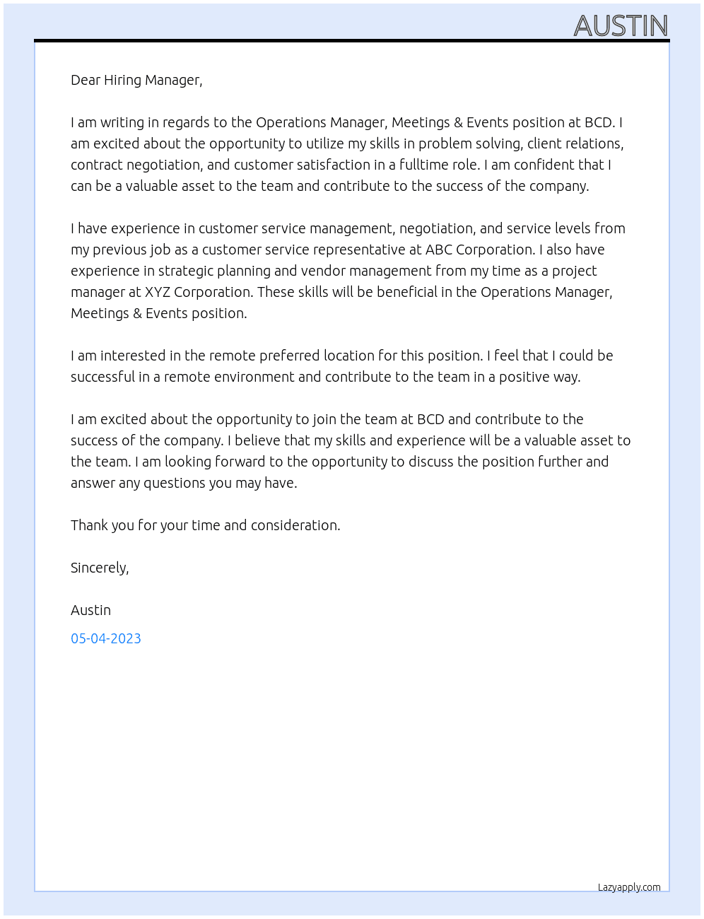 Operations Manager, Meetings & Events At BCD Cover Letter