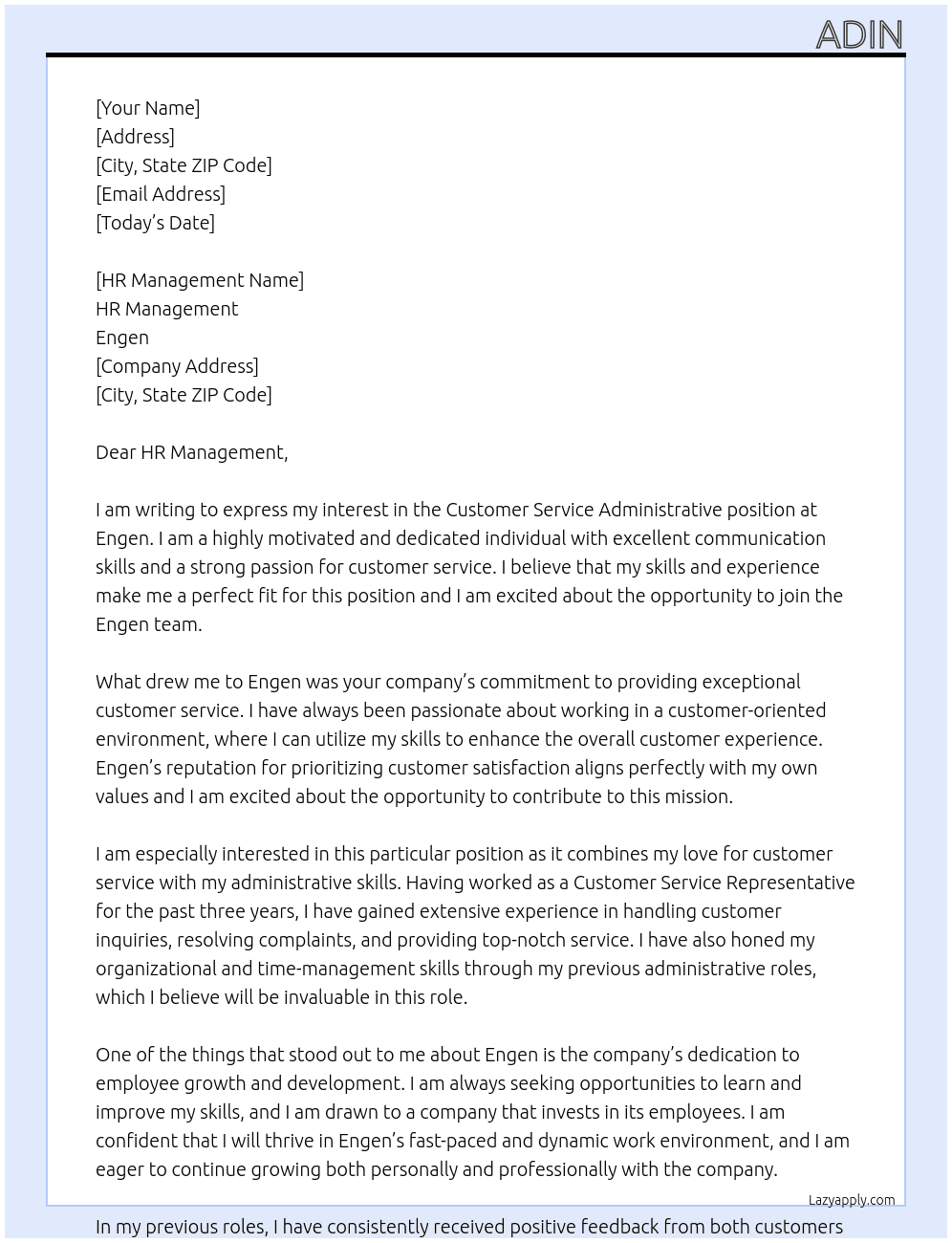 Customer Service Administrative  At Engen Cover Letter