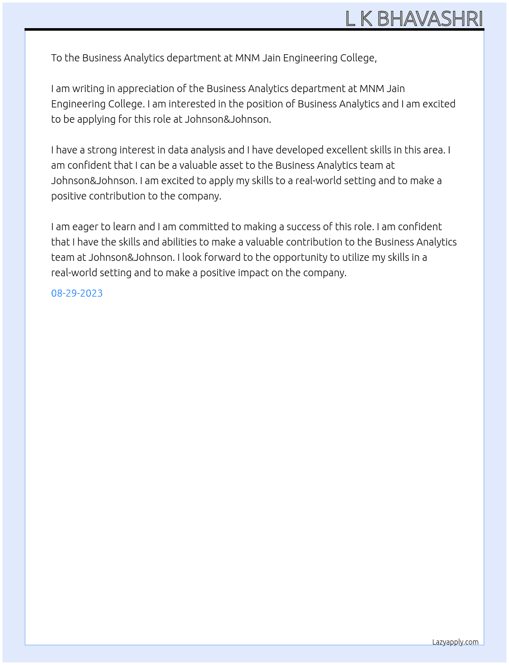 Business Analytics  At Johnson&Johnson Cover Letter