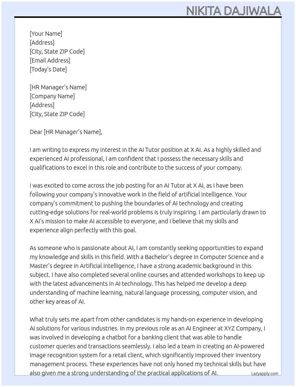 ai tuter At X AI Cover Letter
