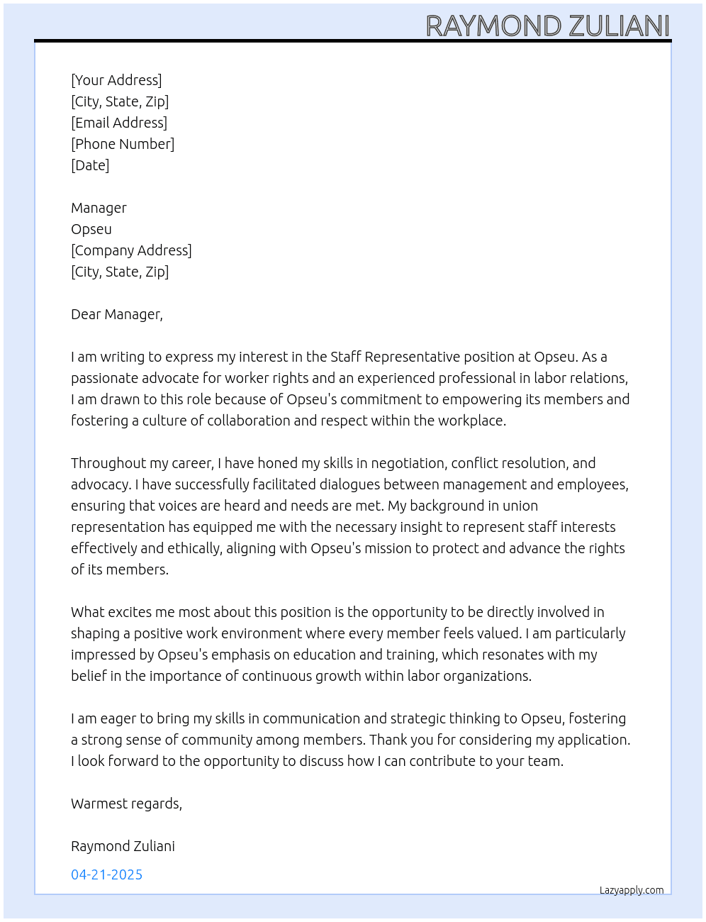 Staff Representative At Opseu Cover Letter