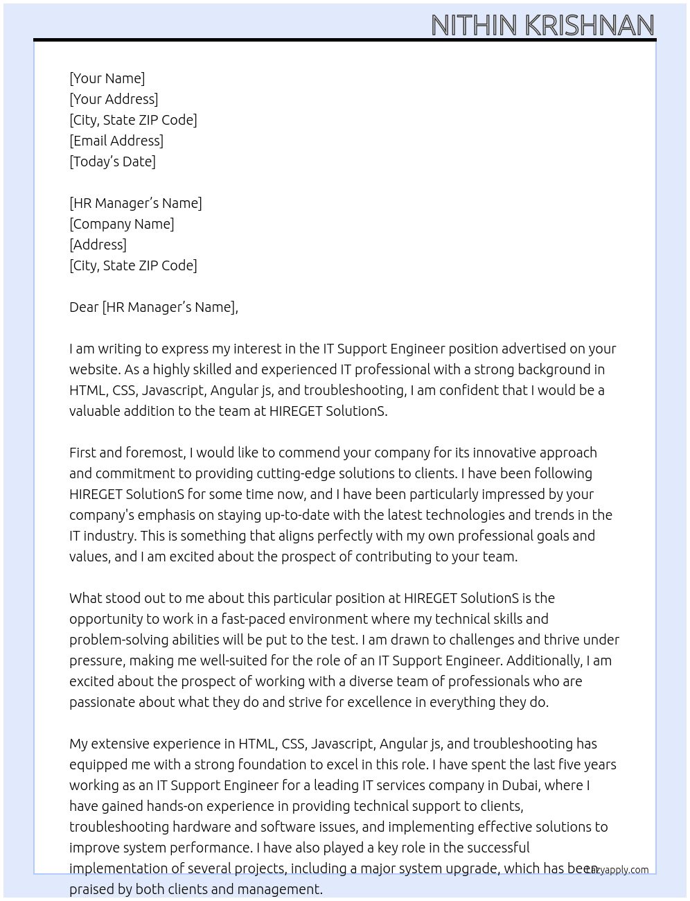 IT Support Engineer At HIREGET SolutionS Cover Letter