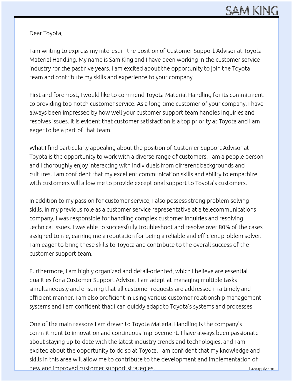 Customer Support Advisor At Toyota Material Handling Cover Letter