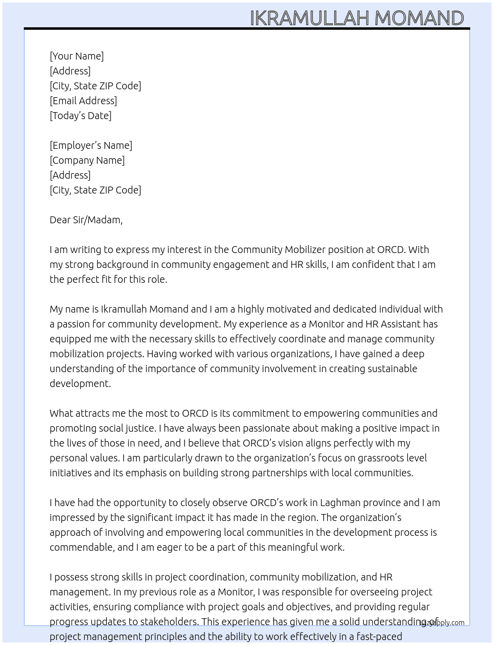 Community mobilizer At ORCD  Cover Letter