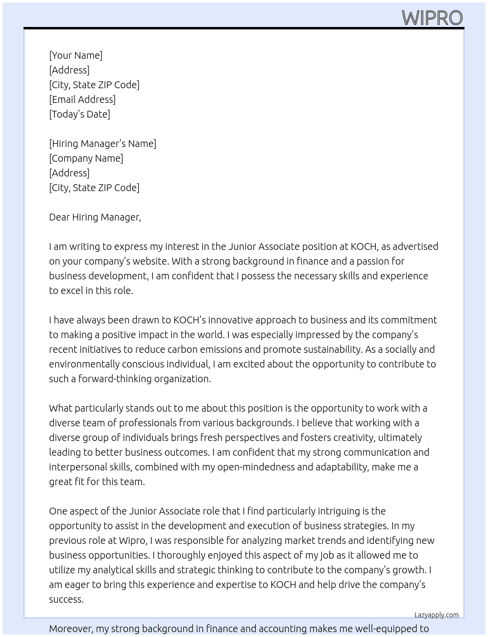 Junior Associate At KOCH Cover Letter