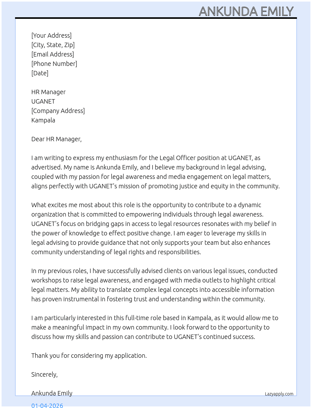 LEGAL OFFICER At UGANET Cover Letter