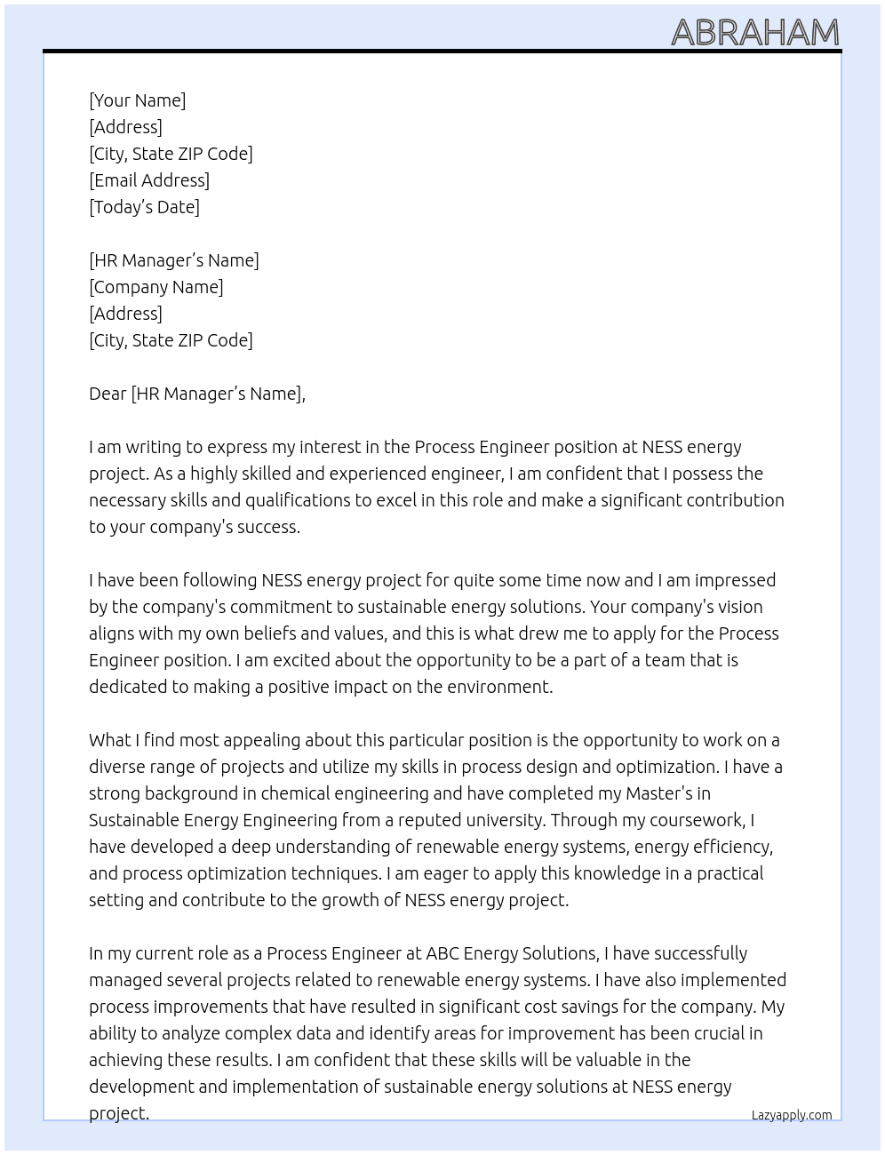 Process engineer At NESS energy project Cover Letter