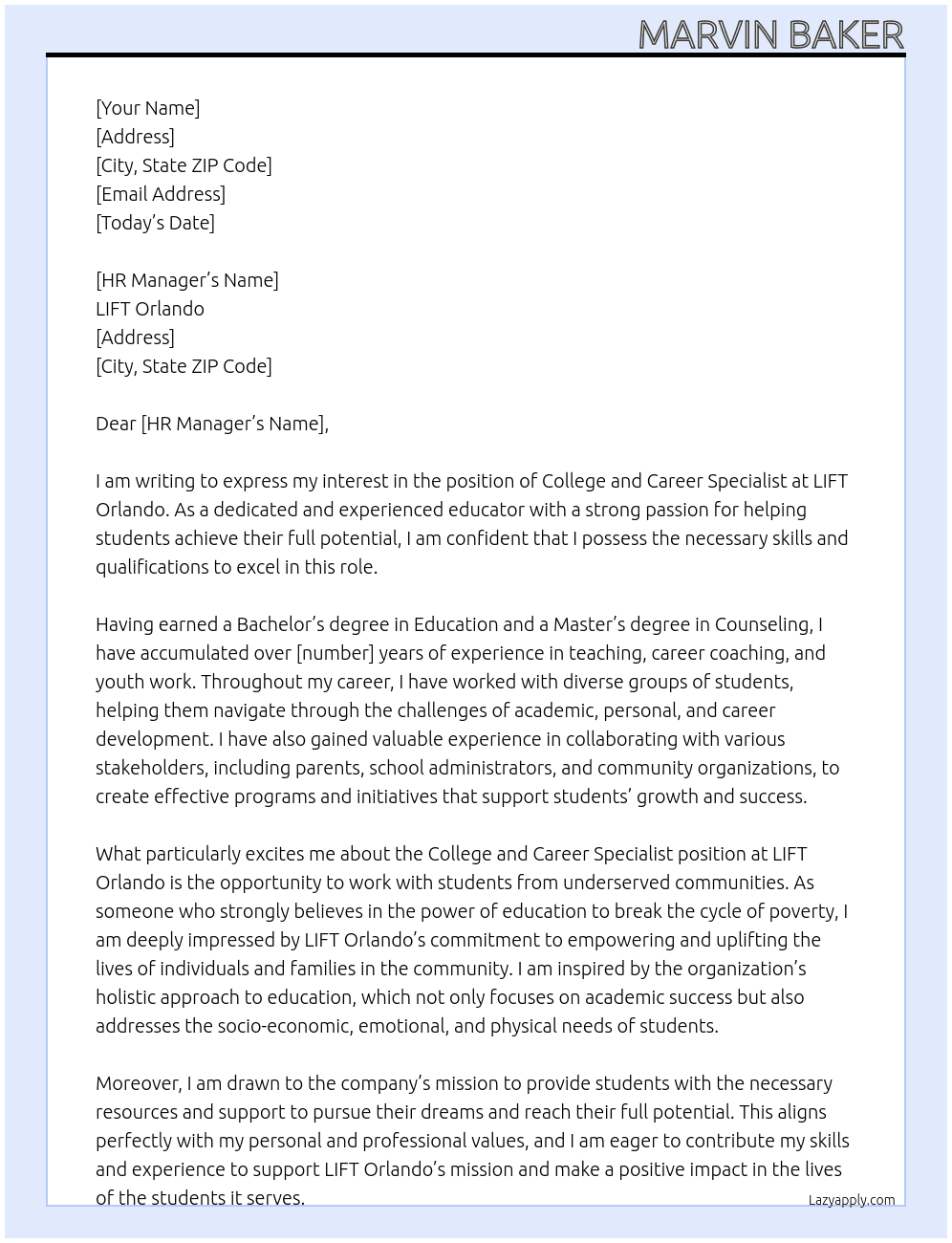 College and Career Specialist At LIFT Orlando Cover Letter