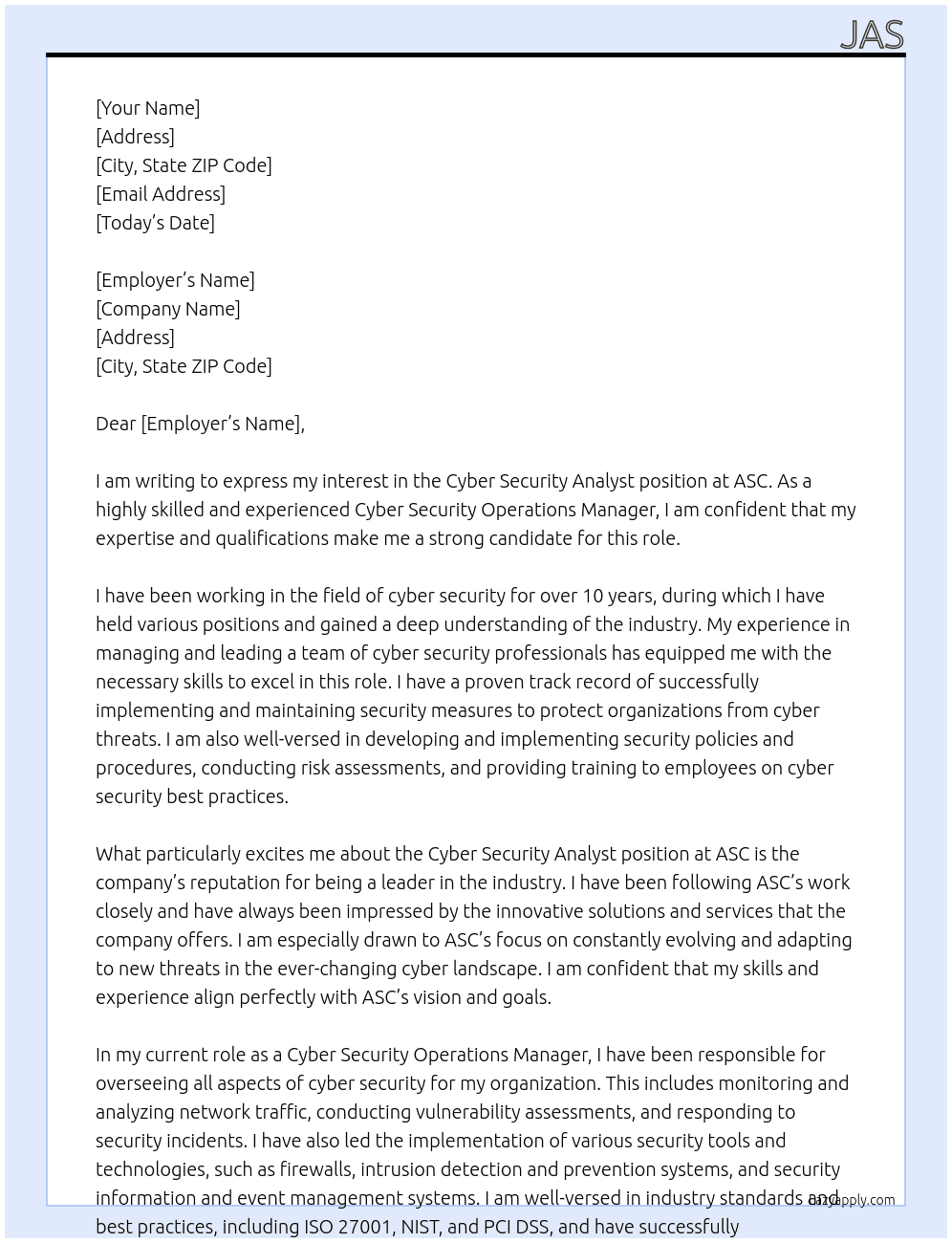 Cyber Security Analyst  At ASC Cover Letter