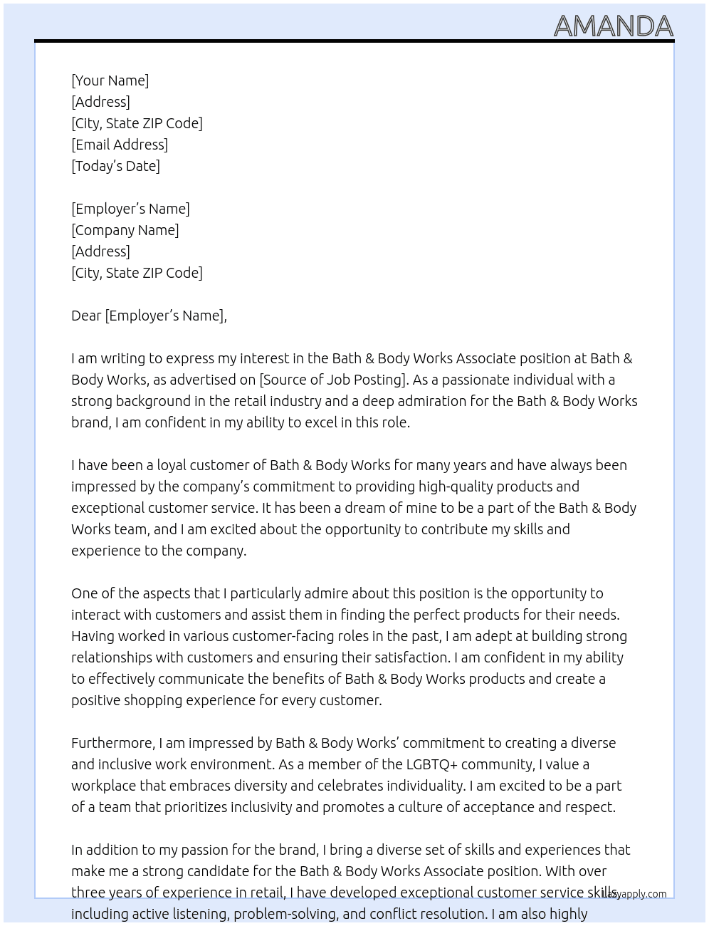 Bath & bodywork’s associate At Bath&bodyworks Cover Letter