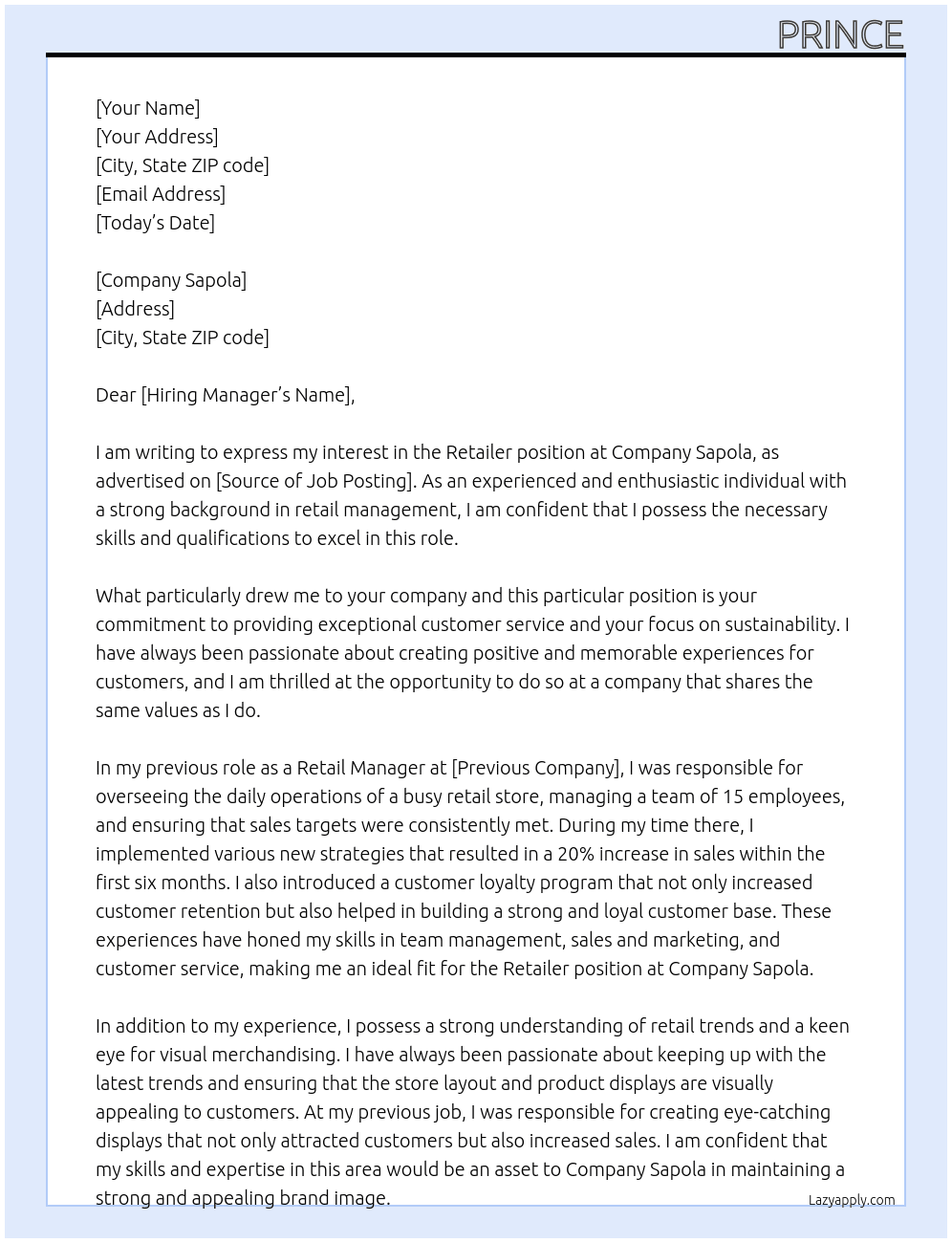 Cover letter for retailer - LazyApply