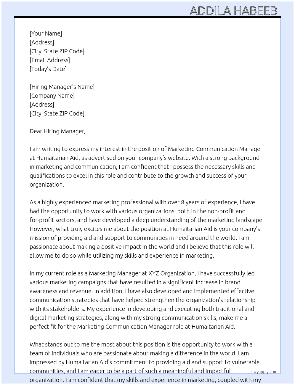 Marketing Communication Manager  At Humaitarian Aid  Cover Letter