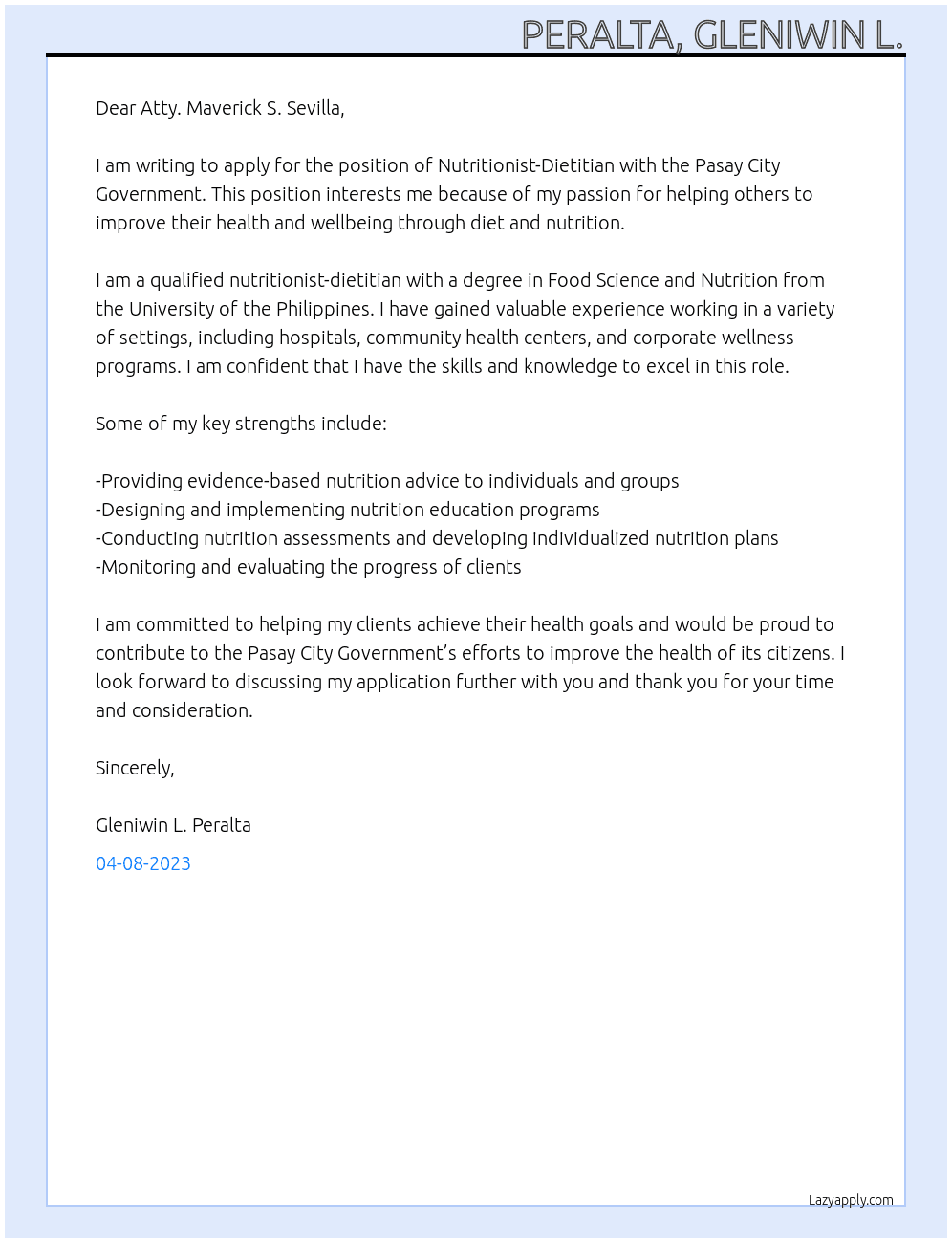 Nutritionist-Dietitian At Pasay City Government Cover Letter