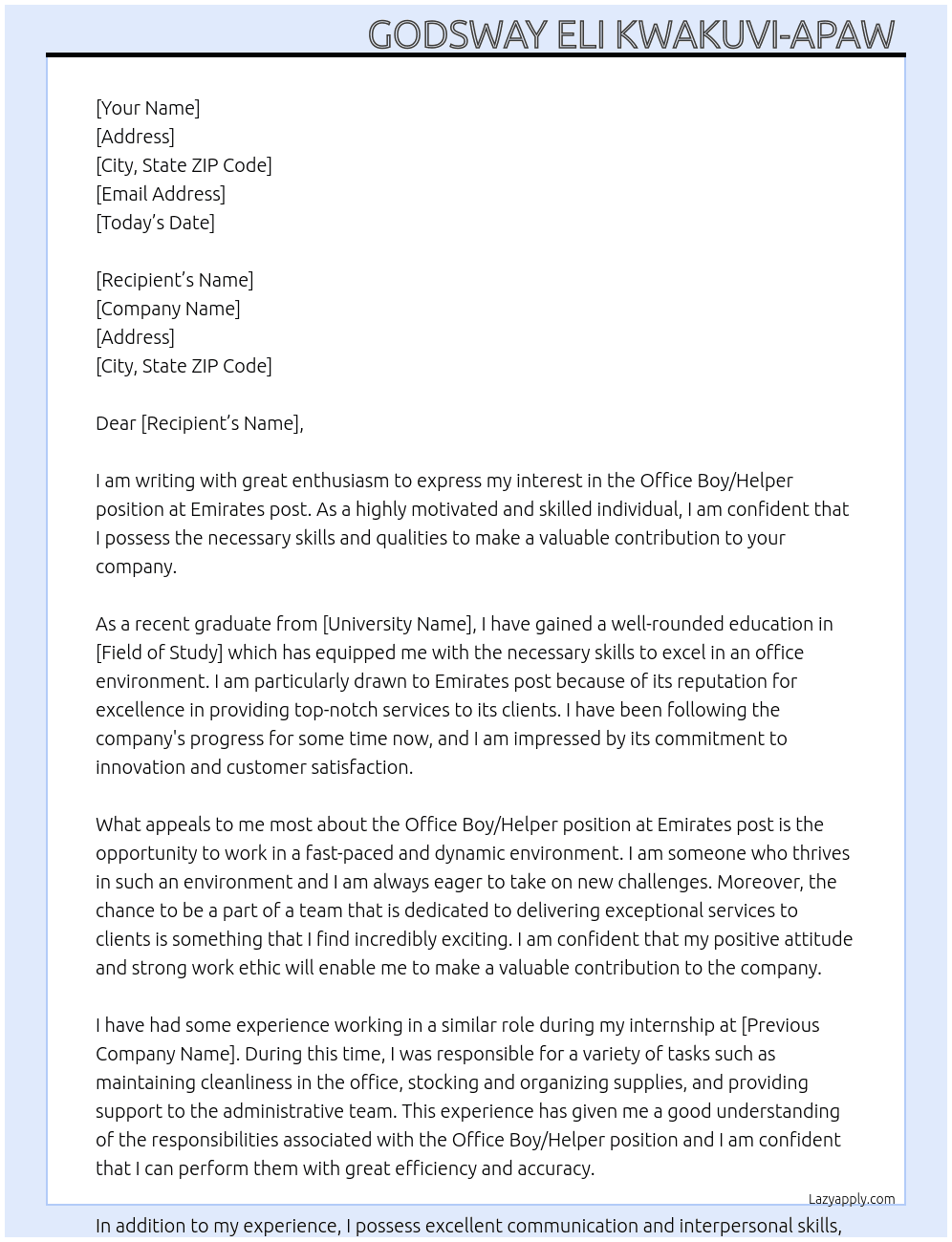 Office Boy/ Helper  At Emirates post Cover Letter