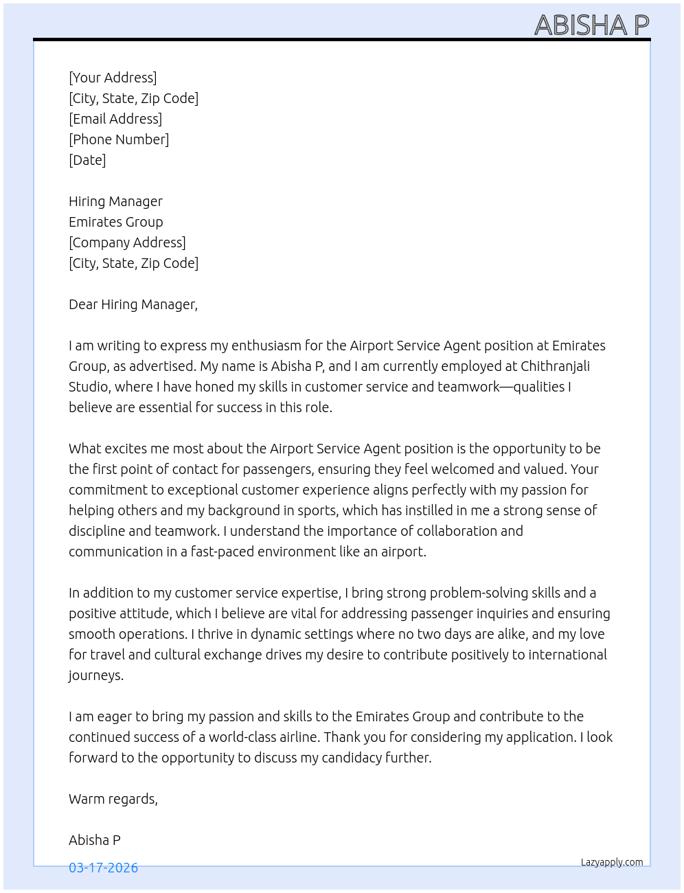 Airport service agent At Chithranjali studio  Cover Letter
