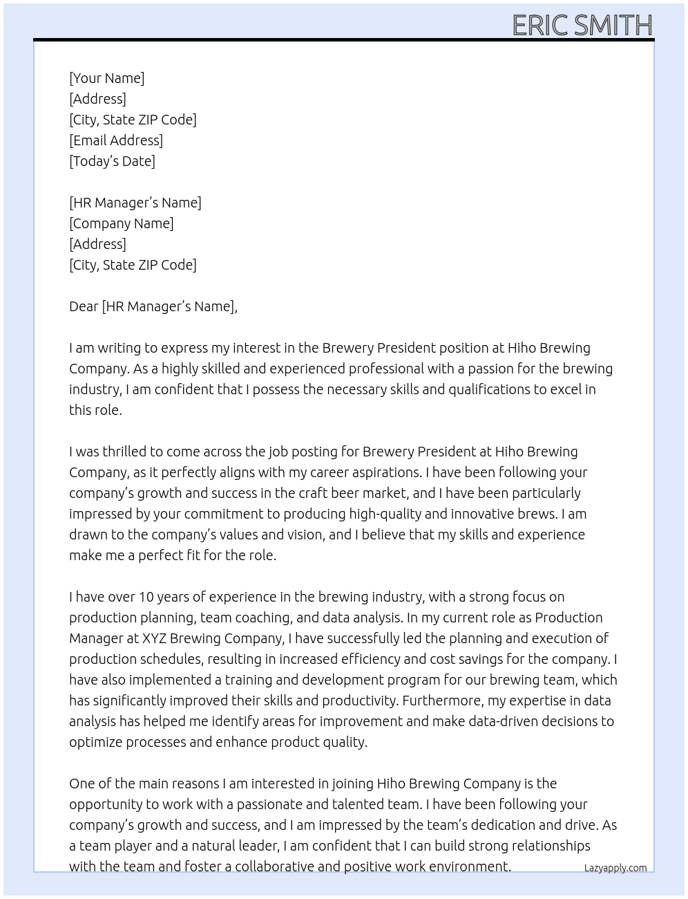 Brewery president At Hiho brewing company Cover Letter