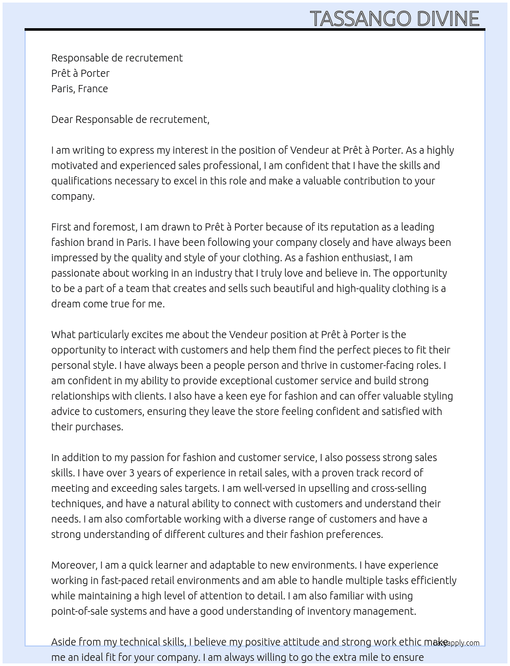 Vendeur  At Prêt à porter  Cover Letter