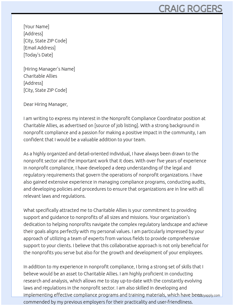 Nonprofit Compliance Coordinator At Charitable Allies Cover Letter