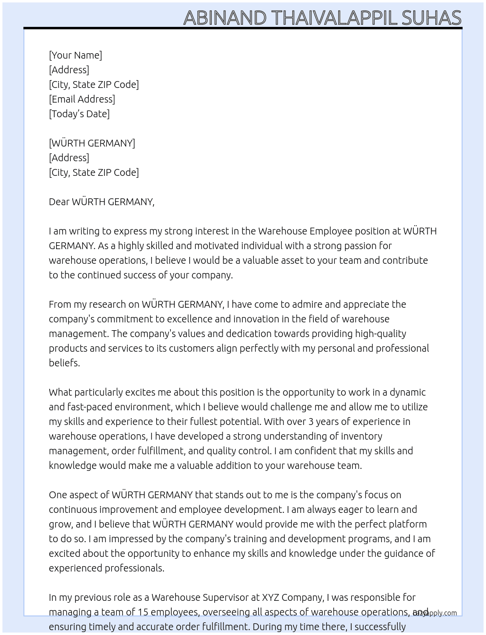 Warehouse employee At WÜRTH GERMANY Cover Letter
