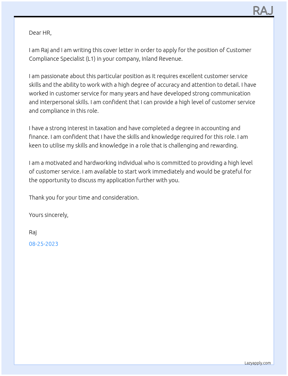 Customer Compliance Specialist (L1) At Inland Revenue Cover Letter