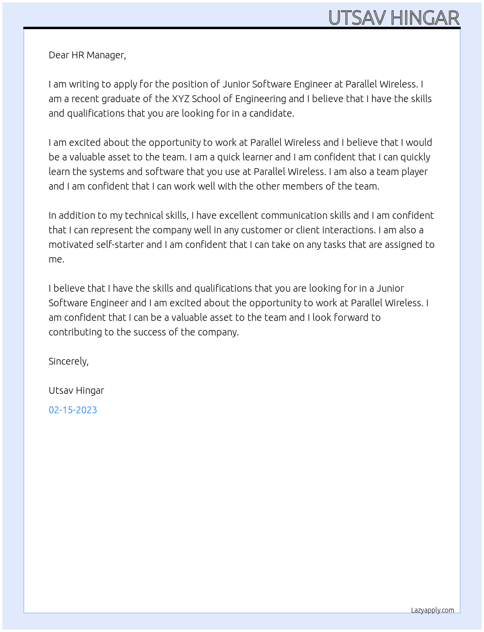 Junior Software Engineer At Parallel Wireless Cover Letter